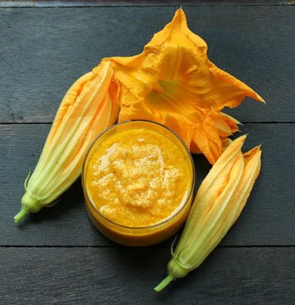 Fried Squash Blossoms with Pesto and Pine Nuts