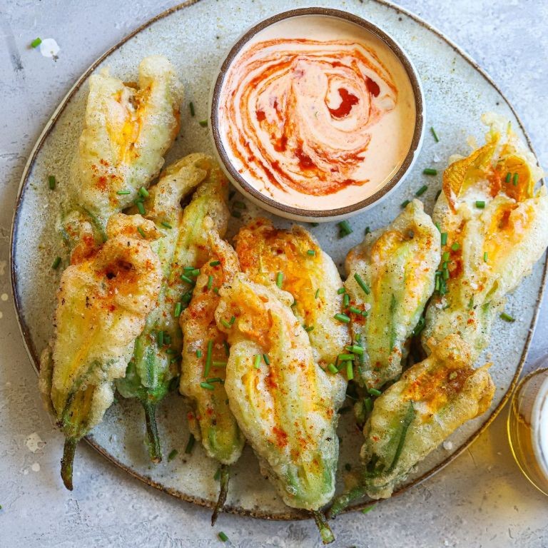 Fried Squash Blossoms with Spicy Aioli