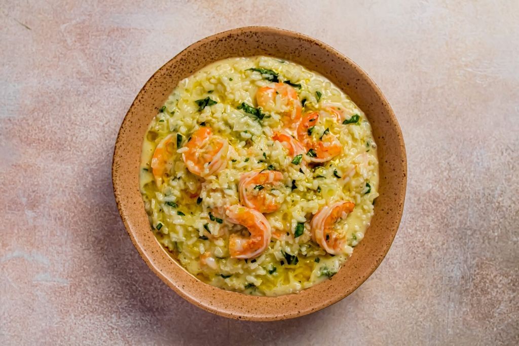 Garlic Basil Shell On Shrimp Risotto