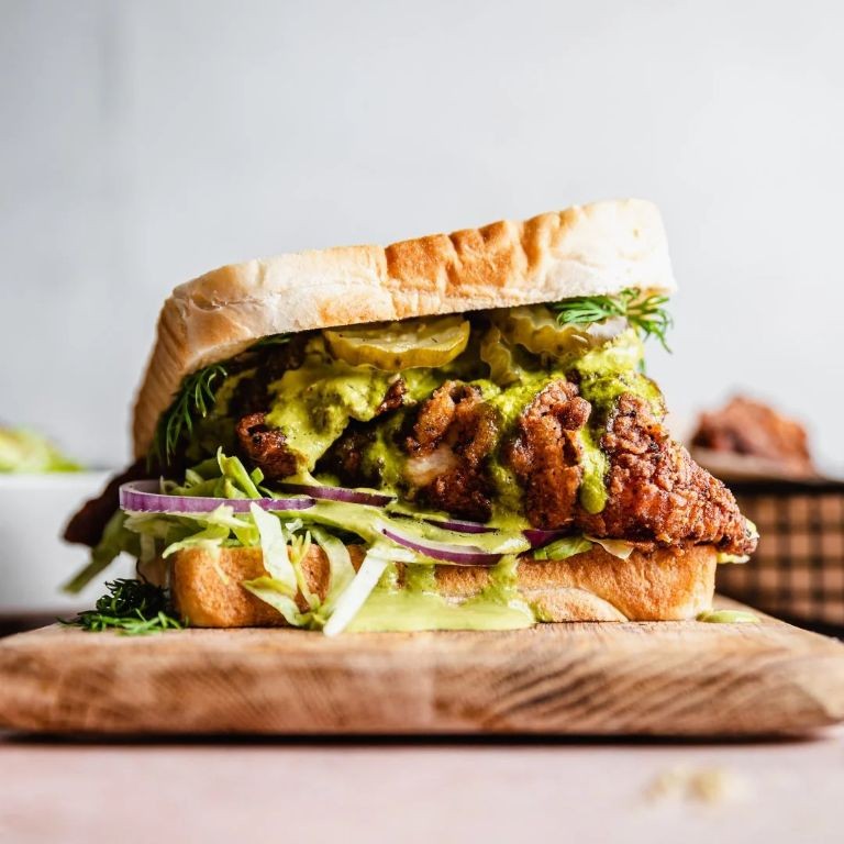 Garlic Herb Fried Haddock Sandwich with Dill Pickles