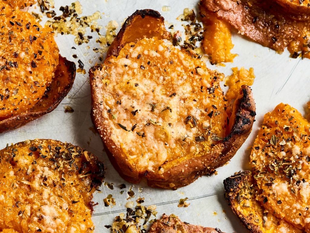 Garlic Herb Smashed Sweet Potatoes