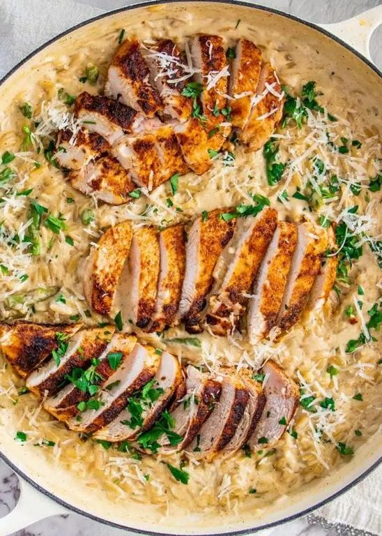Garlic Parmesan Orzo with Grilled Chicken