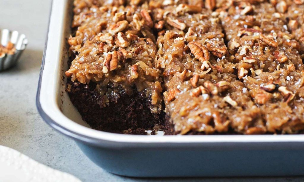 German Chocolate Sheet Cake with Coconut Pecan Frosting