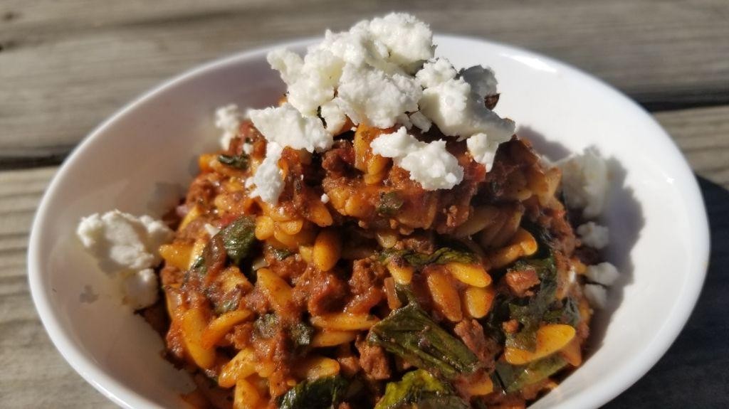 Greek Beef and Orzo Skillet with Tomatoes and Olives