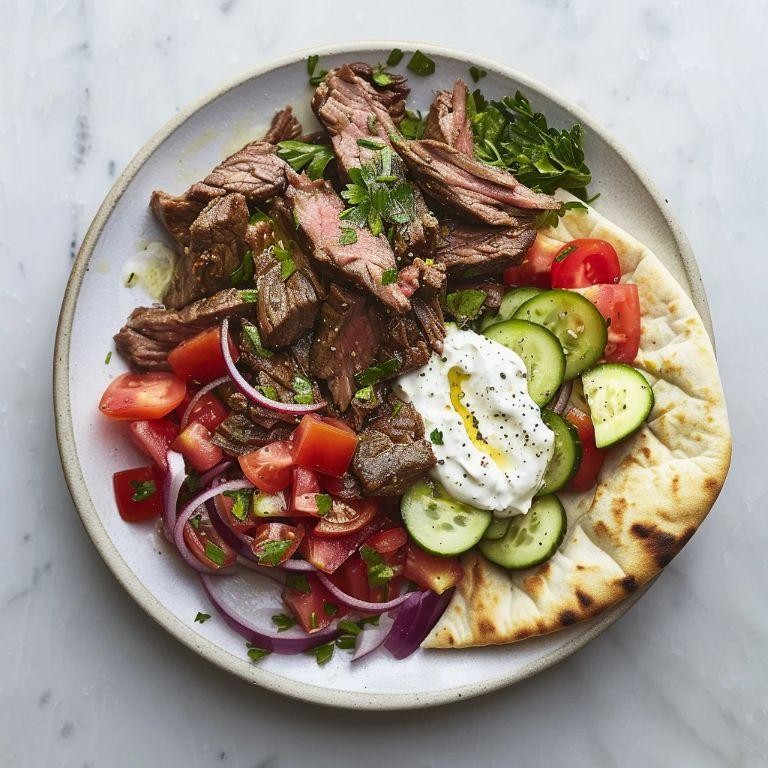 Greek Beef and Pita Salad with Cucumber and Red Onion