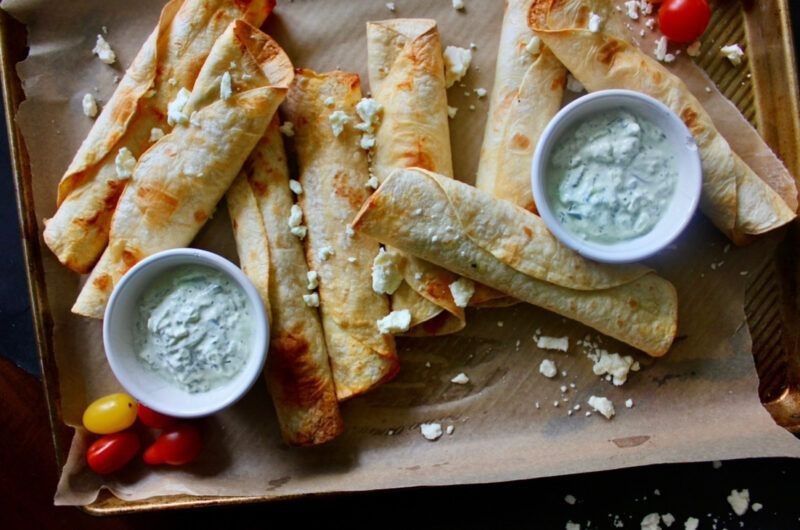Greek Chicken Flautas with Tzatziki