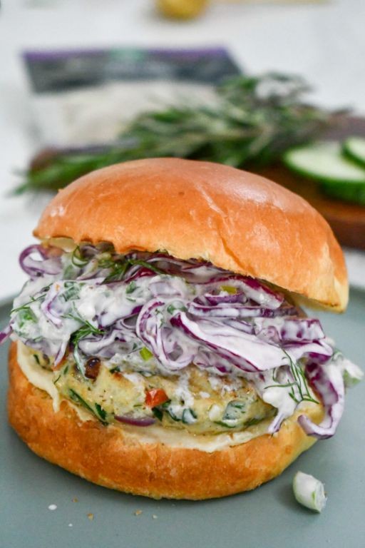 Greek-Style Ground Chicken Burgers with Tzatziki
