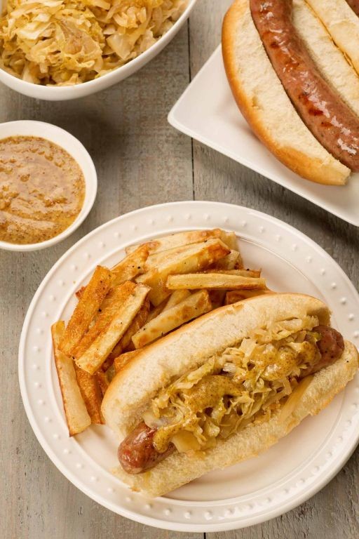 Grilled Bratwurst Sandwich with Sauerkraut and Mustard