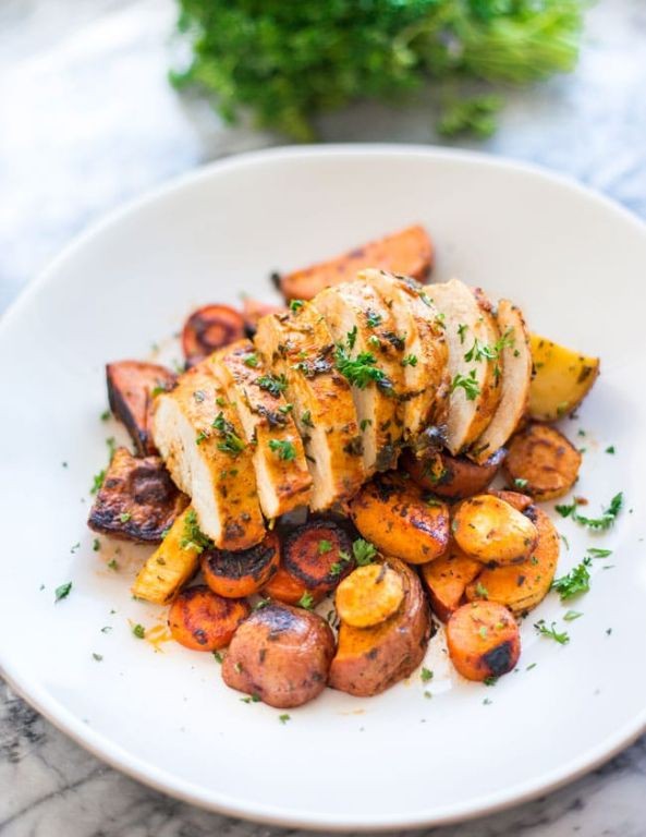 Grilled Chicken Breast with Herb-Roasted Potatoes and Onions