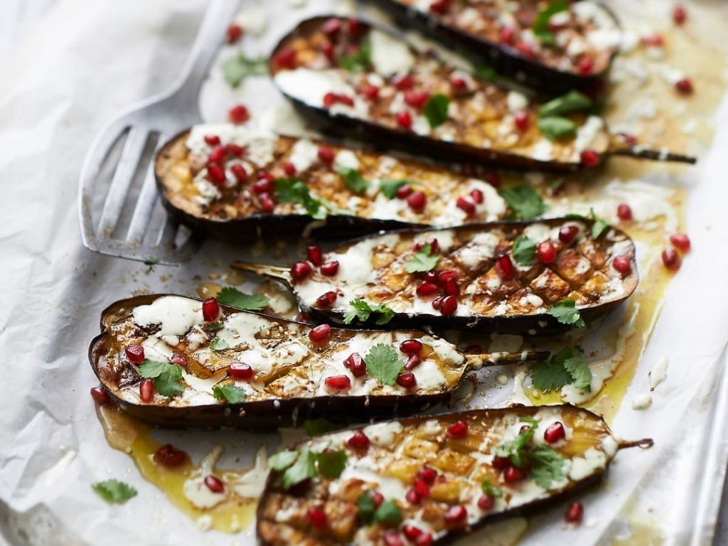 Grilled Eggplant with Tahini and Pomegranate
