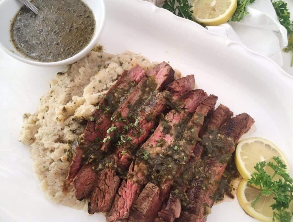 Grilled Flank Steak with Garlic Mashed Cauliflower