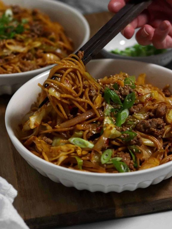 Ground Pork and Cabbage Noodle Bowl