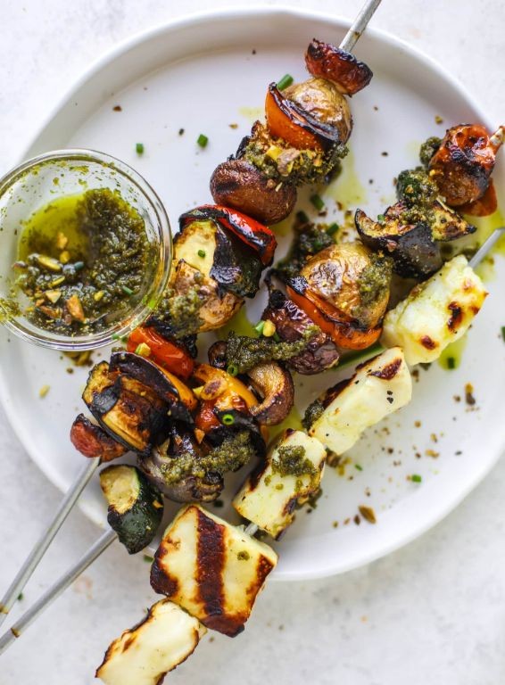 Halloumi and Vegetable Skewers with Pesto