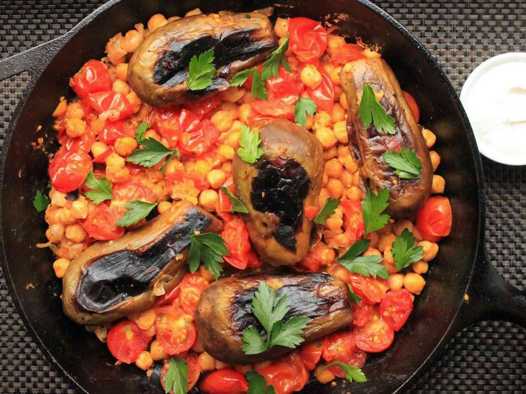 Harissa-Spiced Sauteed Eggplant with Chickpeas