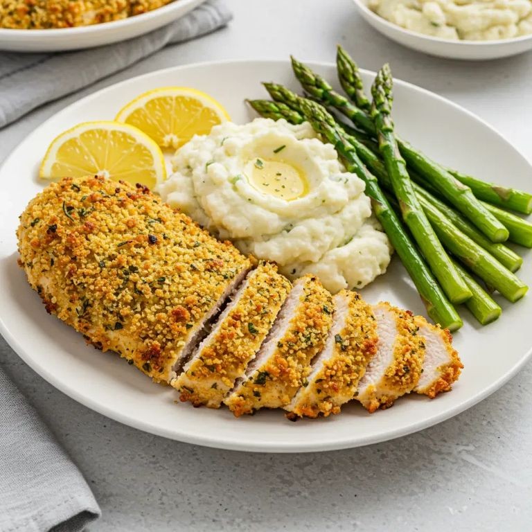 Herb-Crusted Chicken Breast with Garlic Mashed Potatoes and Onions