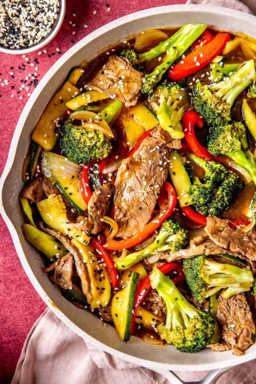 Honey Soy Marinated Skirt Steak with Stir-Fried Veggies