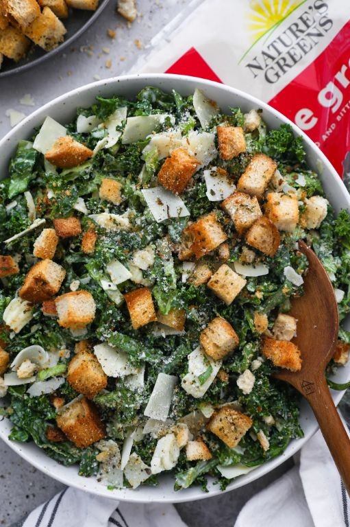 Kale Chicken Caesar Salad with Garlic Croutons