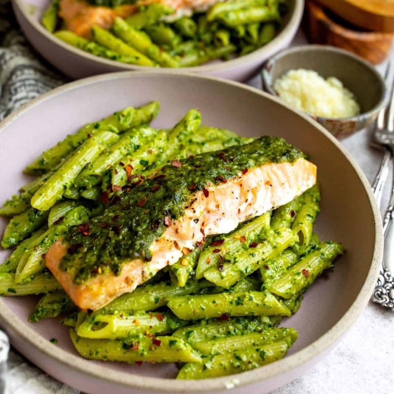 Lemon Garlic Pesto Noodles with Grilled Salmon