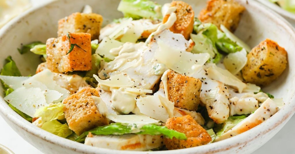 Low-Carb Chicken Caesar Salad with Almond Flour Croutons