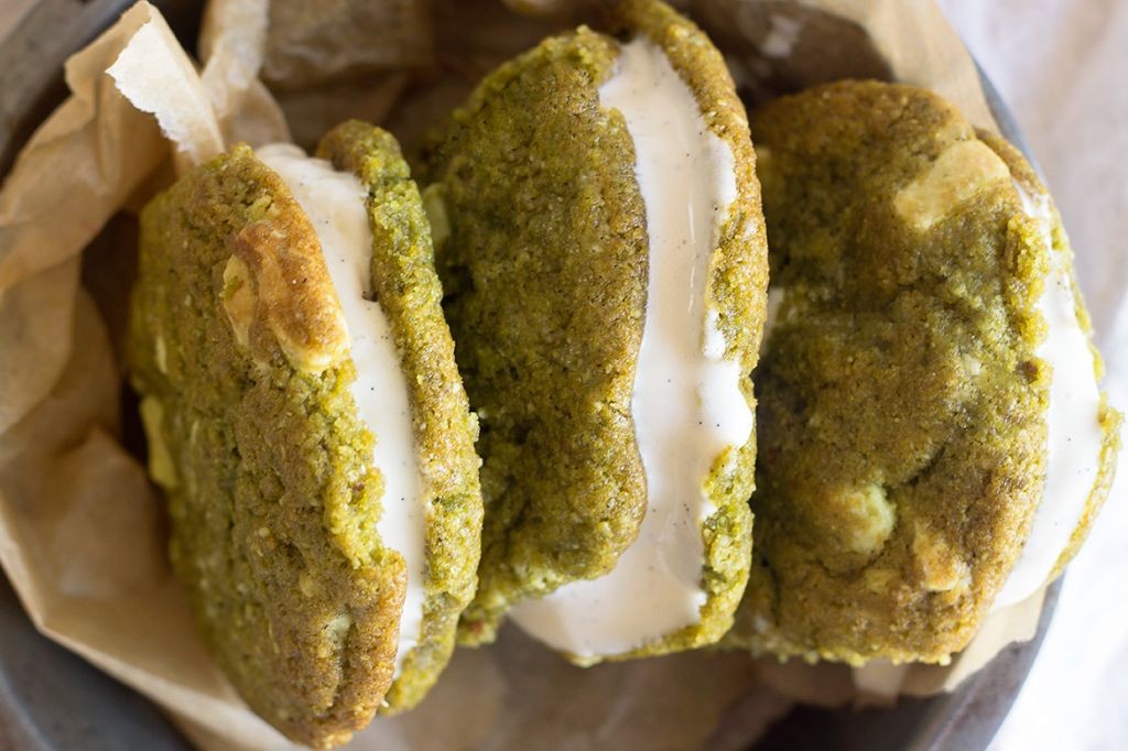 Matcha Green Tea Ice Cream Sandwich with White Chocolate Cookies