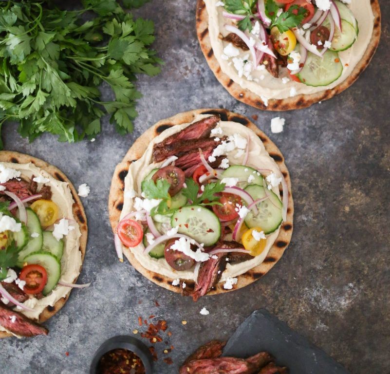 Mediterranean Beef and Hummus Flatbread