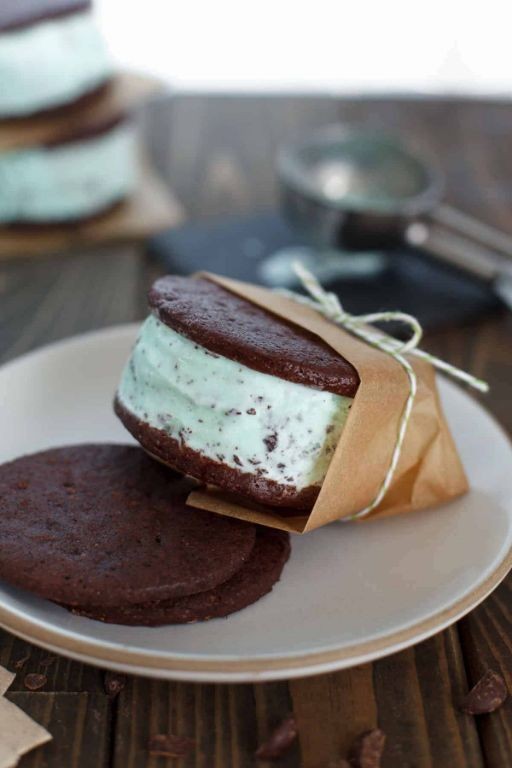 Mint Chocolate Chip Ice Cream Sandwich with Dark Chocolate Wafers