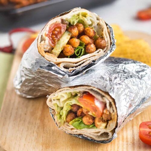 Mizuna and Spicy Roasted Chickpea Wraps