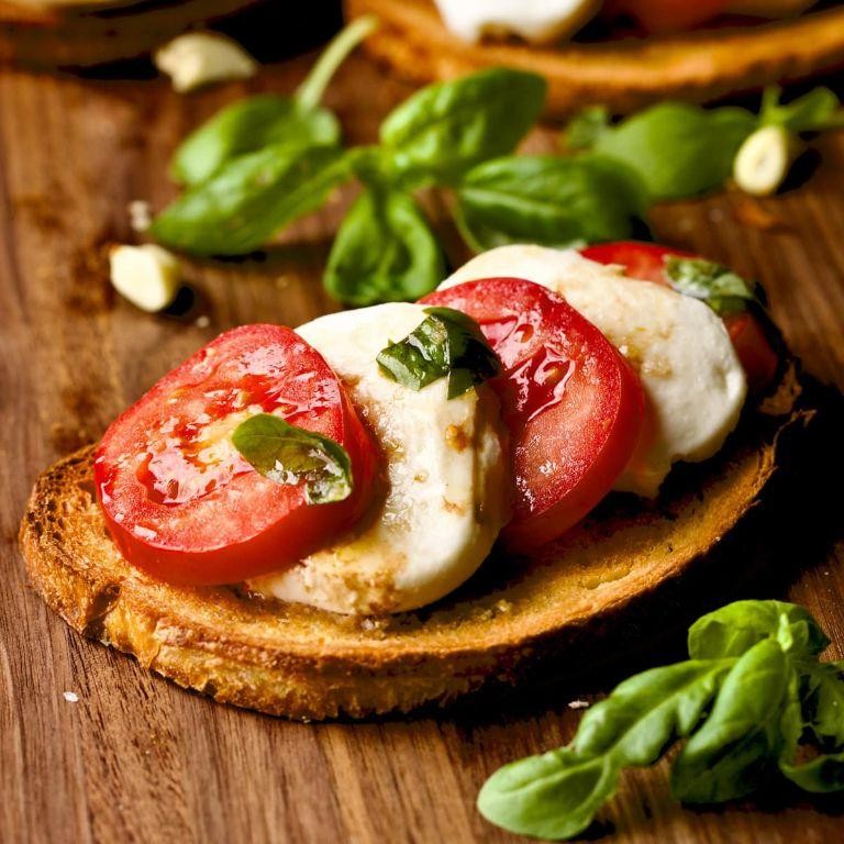 Mozzarella Ball and Basil Bruschetta