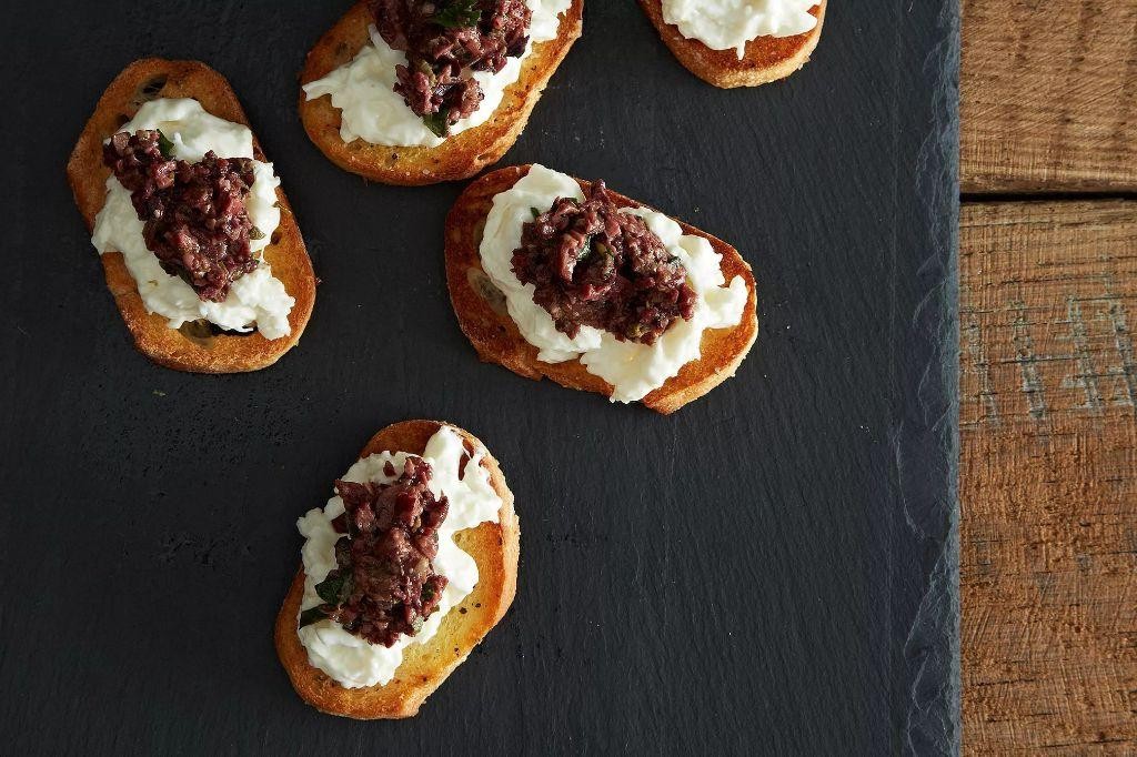 Mozzarella Ball and Olive Tapenade Crostini
