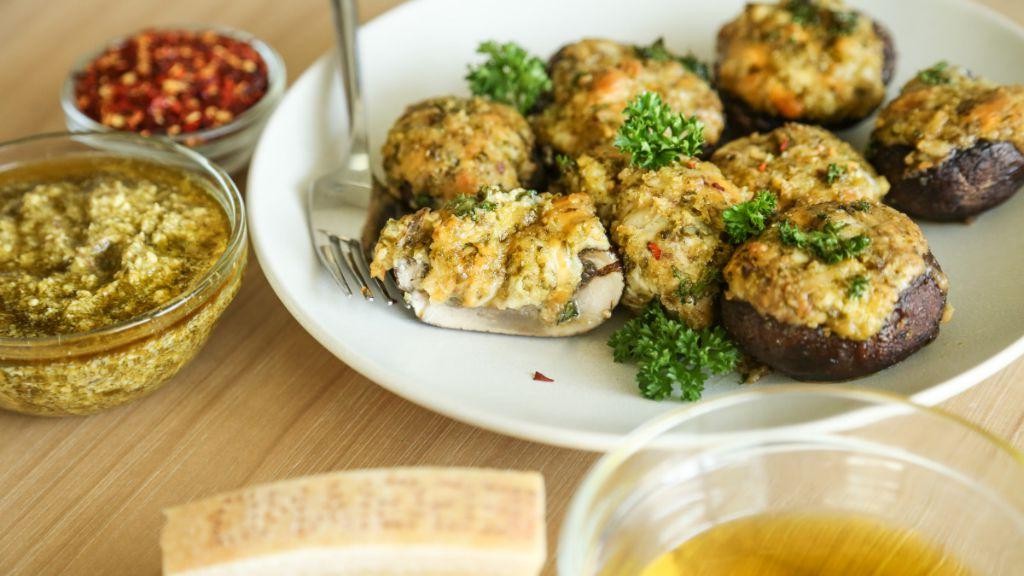Mozzarella Ball and Pesto Stuffed Mushrooms