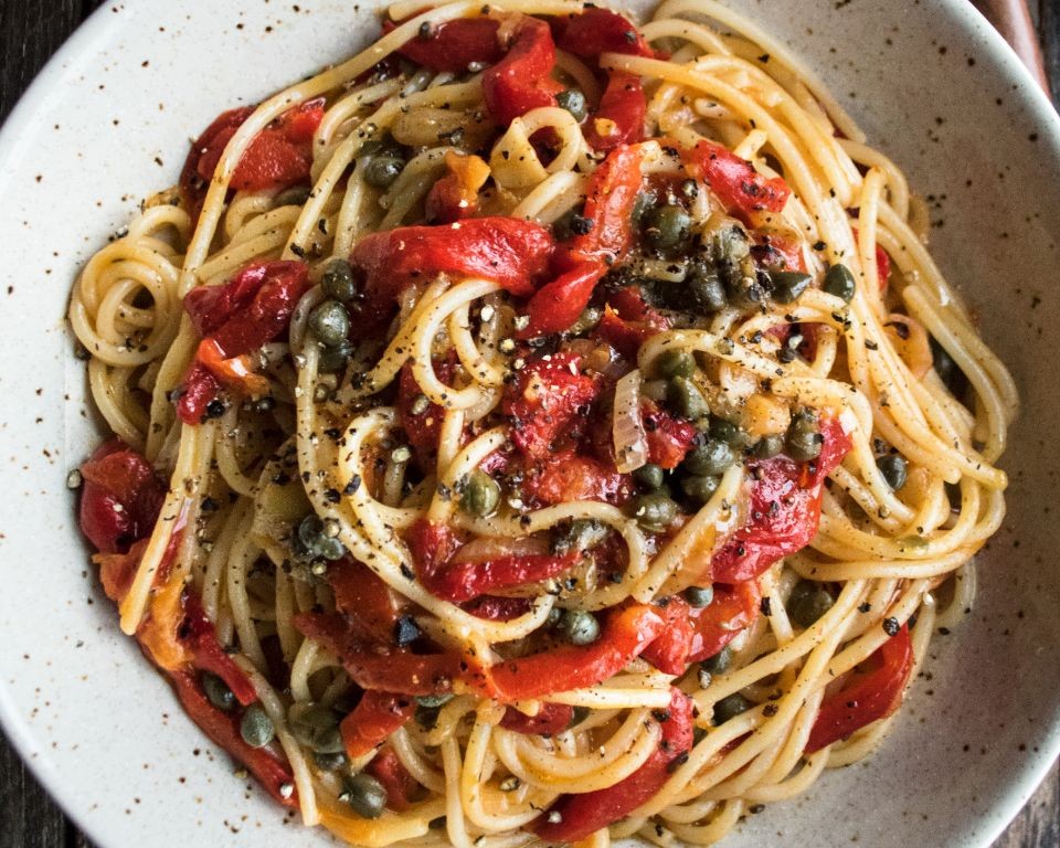 Olive Oil Pasta with Roasted Red Peppers and Capers
