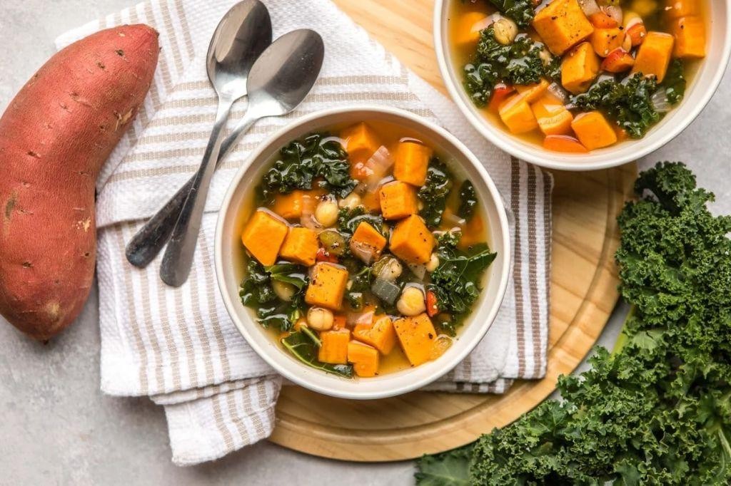 One Pot Vegetarian Sweet Potato and Kale Soup