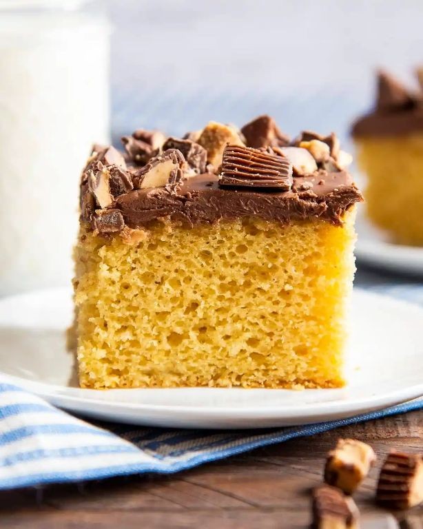 Peanut Butter Frosted Yellow Cake with Chocolate Shavings