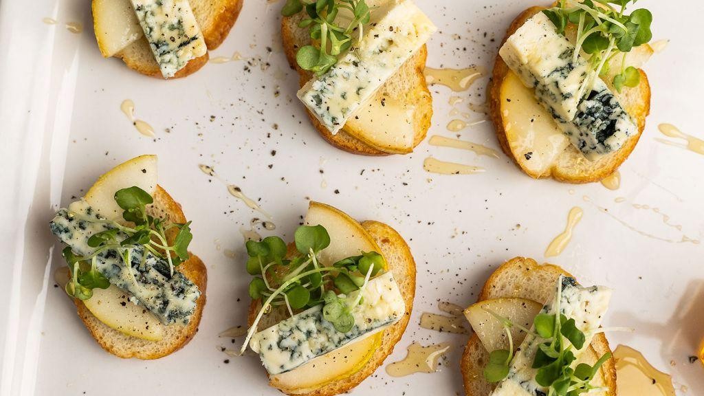 Pears and Gorgonzola on Honey Drizzled Crostini