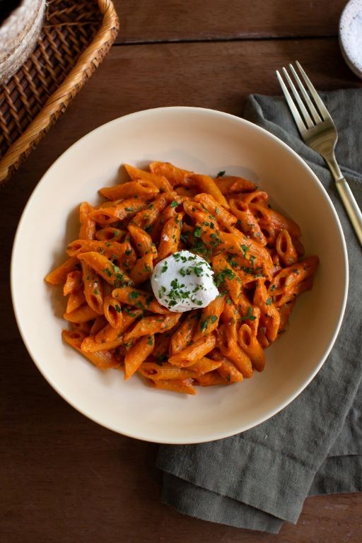 Penne alla Vodka with Caramelized Onions and Goat Cheese