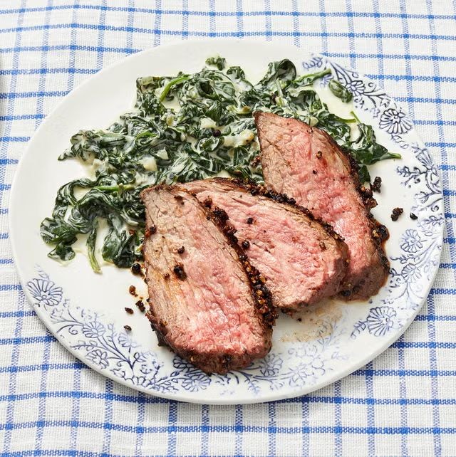 Peppercorn Crusted Steak with Creamed Spinach