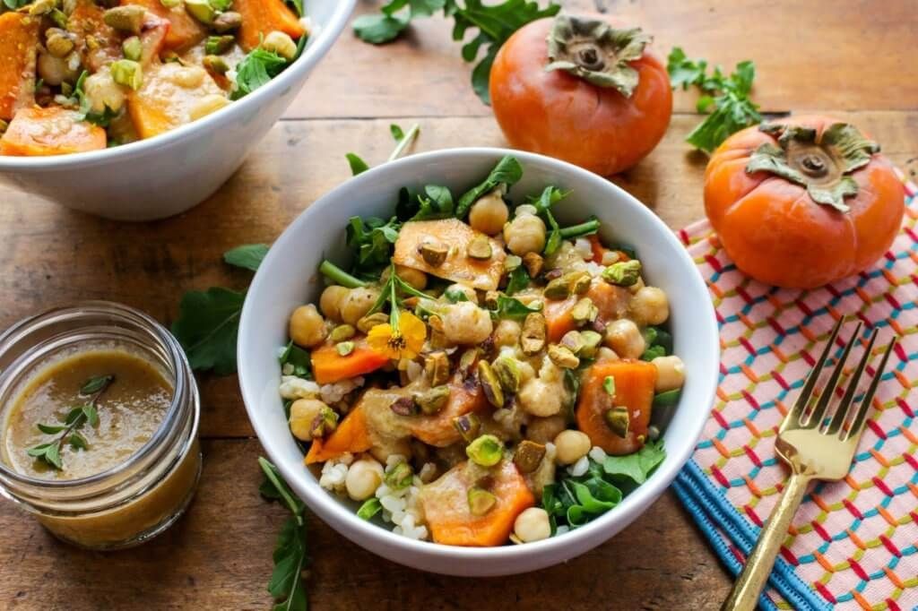 Persimmon and Chickpea Salad with Tahini Dressing