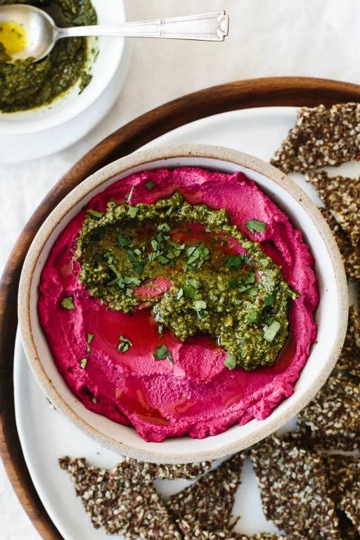 Pesto Beet Hummus with Basil