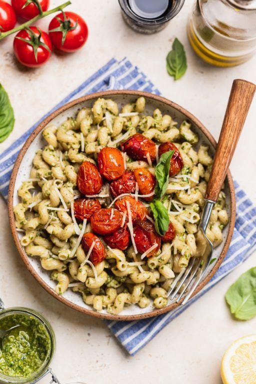 Pesto Cottage Cheese Pasta with Cherry Tomatoes