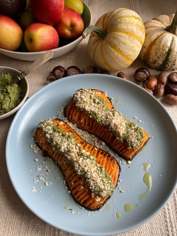 Pesto Drizzled Hasselback Butternut Squash