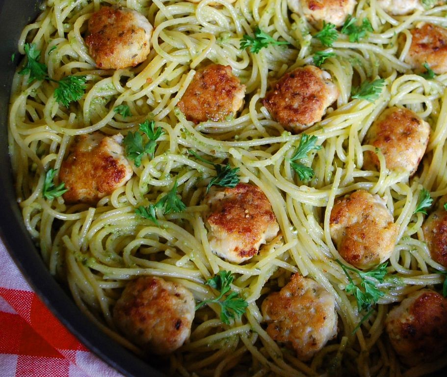 Pesto Parmesan Meatballs with Spaghetti