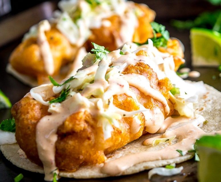 Pickle-Battered Fish Tacos with Lime Crema