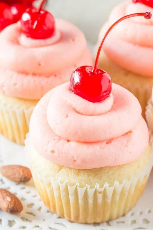 Pink Almond Cupcakes with Cherry Filling