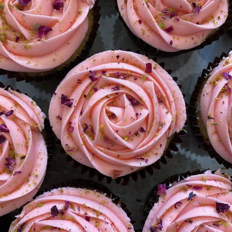 Pink Pistachio Cupcakes with Rose Petals
