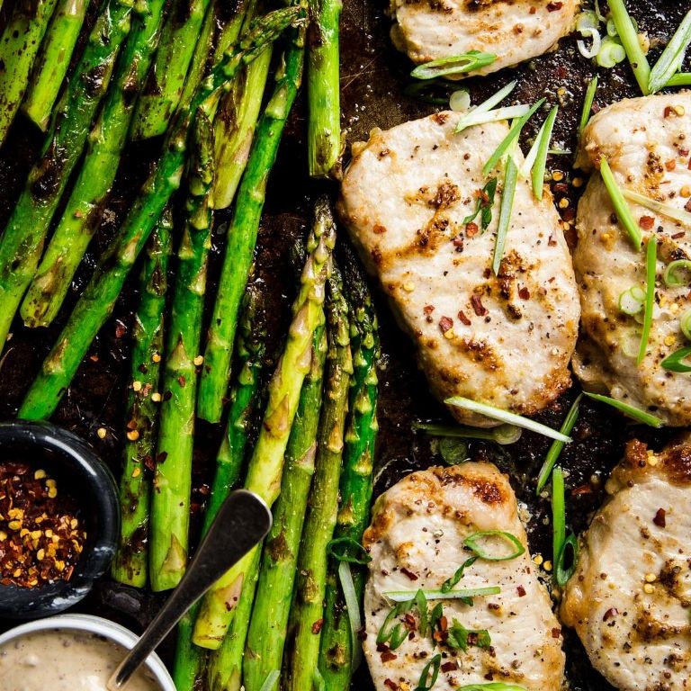 Pork Chops with Honey Mustard Glaze and Asparagus