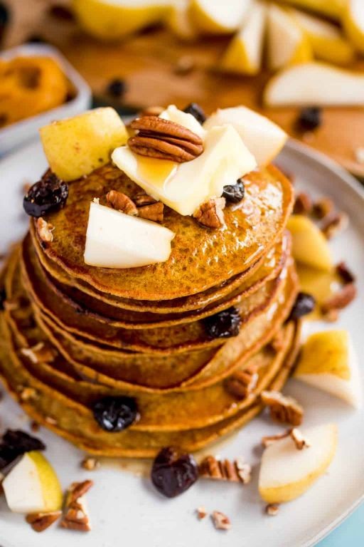 Pumpkin Pancakes with Spiced Pear Topping