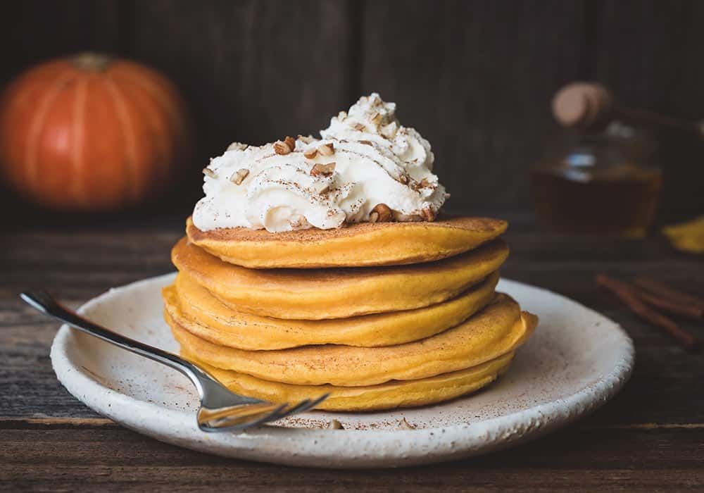 Pumpkin Pancakes with Whipped Coconut Cream