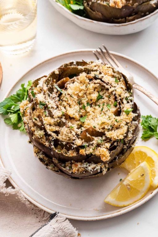 Quinoa-Stuffed Vegan Artichokes with Lemon Tahini