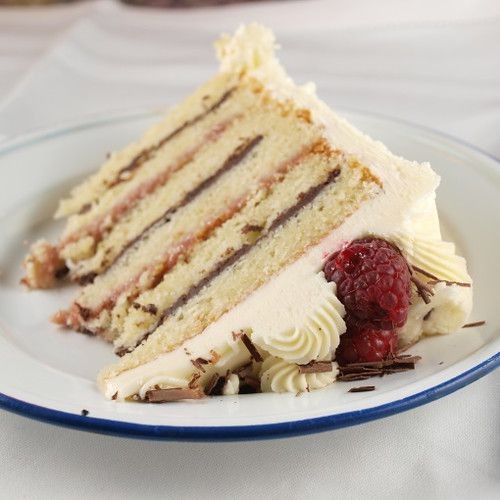 Raspberry Filled Yellow Cake with White Chocolate Ganache