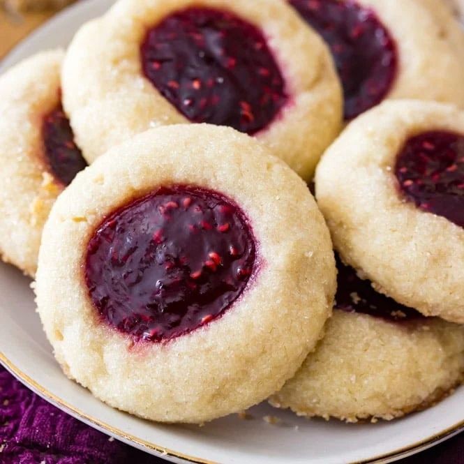 Raspberry Sugar Spun Thumbprint Cookies